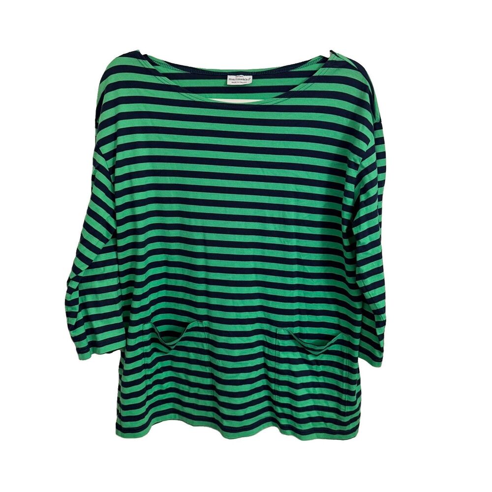 Marimekko Top Large Green Navy Striped Long Sleeve Cotton Shirt Pockets Blouse